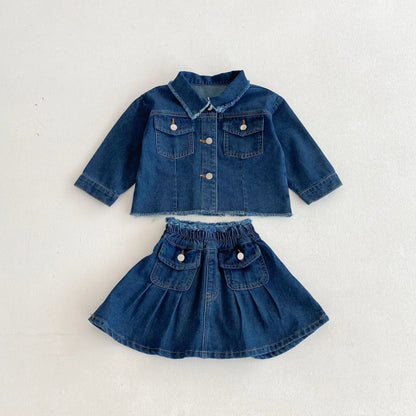 長袖セットアップ キッズセットアップ 2点セット デニム長袖シャツ+ポケットアクセントデニムスカート【mh0006981】