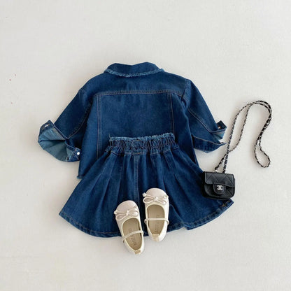 長袖セットアップ キッズセットアップ 2点セット デニム長袖シャツ+ポケットアクセントデニムスカート【mh0006981】