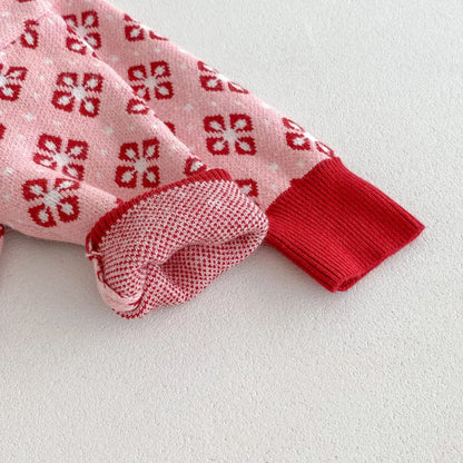 ロンパースセットアップ ベビーセットアップ 2点セット レトロフラワーカーディガン+サスペンダーロンパース ピンクレッド【mh0007085】