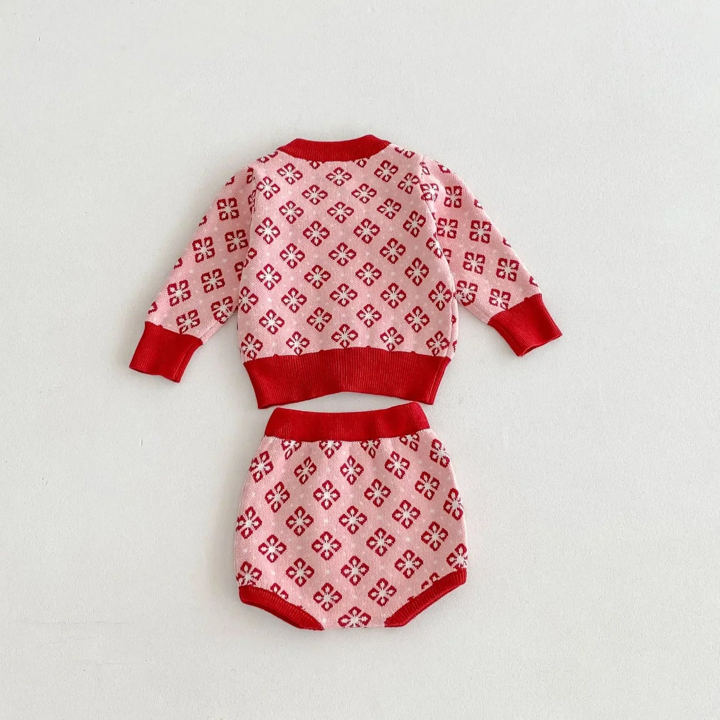 ロンパースセットアップ ベビーセットアップ 2点セット レトロフラワーカーディガン+サスペンダーロンパース ピンクレッド【mh0007085】
