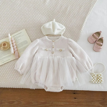 長袖ロンパース ベビーロンパース パールボタンジャケット風チュチュスカートドッキング長袖ドレスボディスーツ 2カラー【mh0007283】