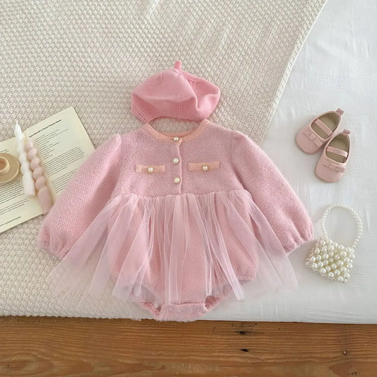 長袖ロンパース ベビーロンパース パールボタンジャケット風チュチュスカートドッキング長袖ドレスボディスーツ 2カラー【mh0007283】