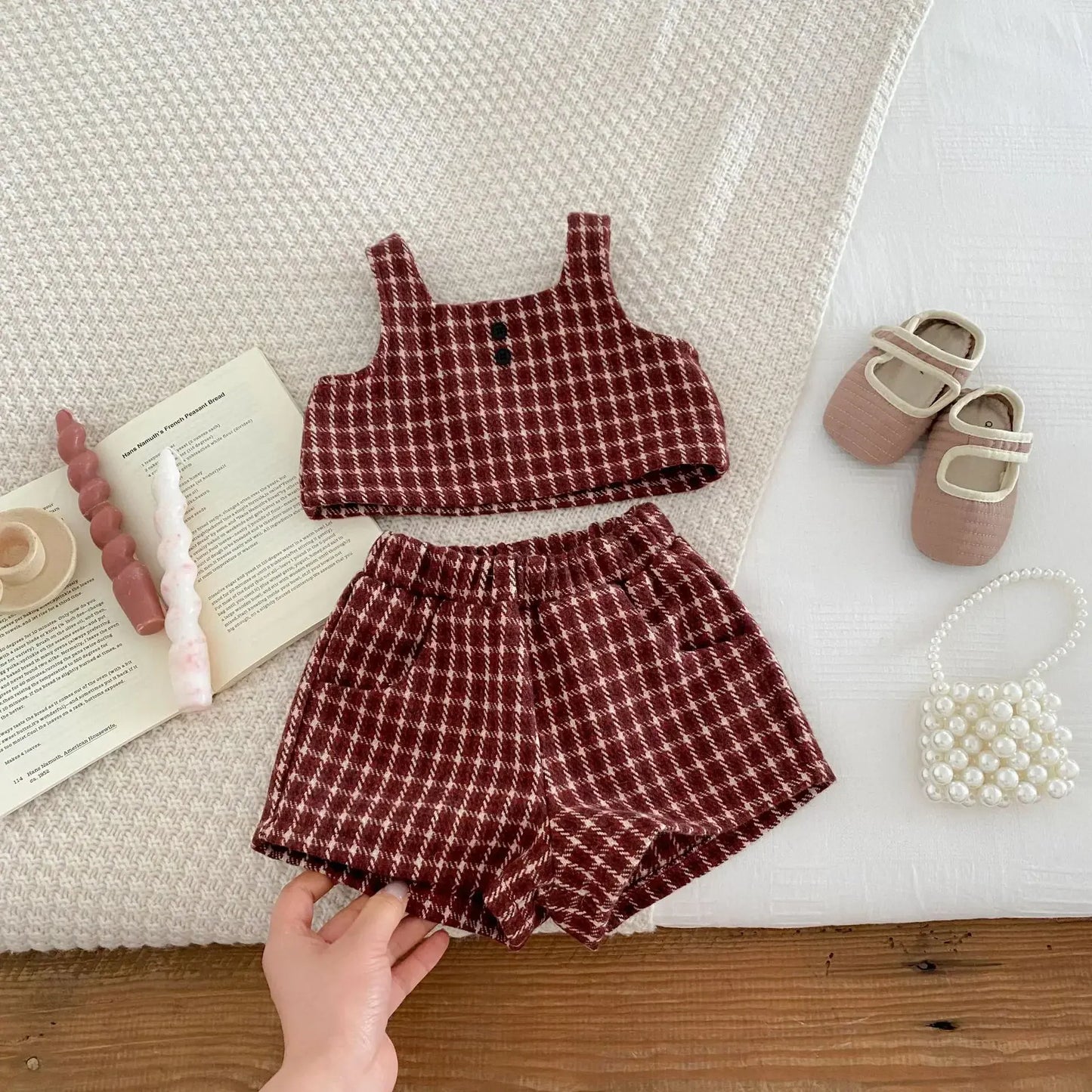 長袖セットアップ ベビートップス/セットアップ 2点セット 丸襟ステッチ長袖ブラウス/レトロチェックベスト+ショートパンツ【mh0007445】