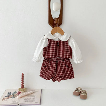 長袖セットアップ ベビートップス/セットアップ 2点セット 丸襟ステッチ長袖ブラウス/レトロチェックベスト+ショートパンツ【mh0007445】