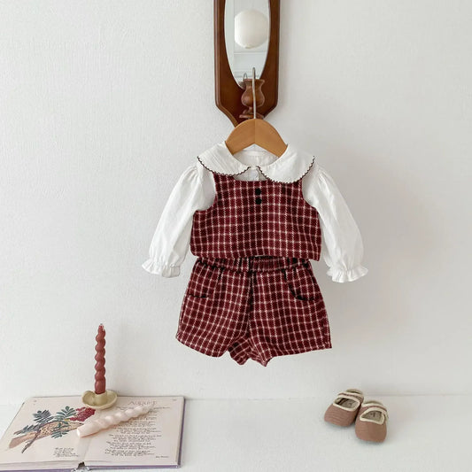 長袖セットアップ ベビートップス/セットアップ 2点セット 丸襟ステッチ長袖ブラウス/レトロチェックベスト+ショートパンツ【mh0007445】