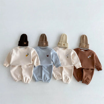 長袖セットアップ ベビーキッズセットアップ 2点セット 刺繍ワンポイント裏起毛長袖スウェットシャツ+ロングスウェットパンツ【mh0008505】