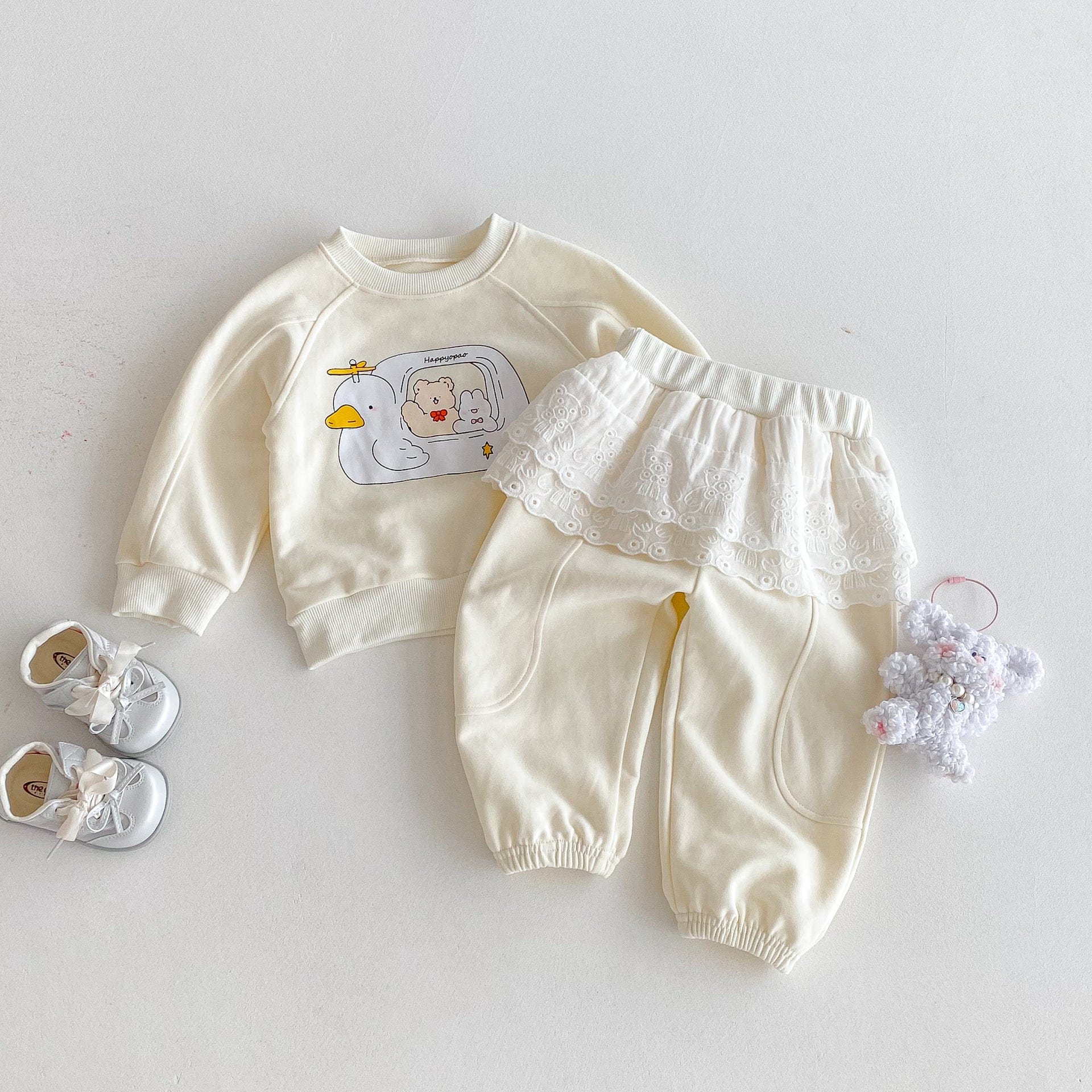 長袖セットアップ プリント長袖スウェットシャツ+レースフリルスウェットパンツセットアップ 2点セット【mh0010650】