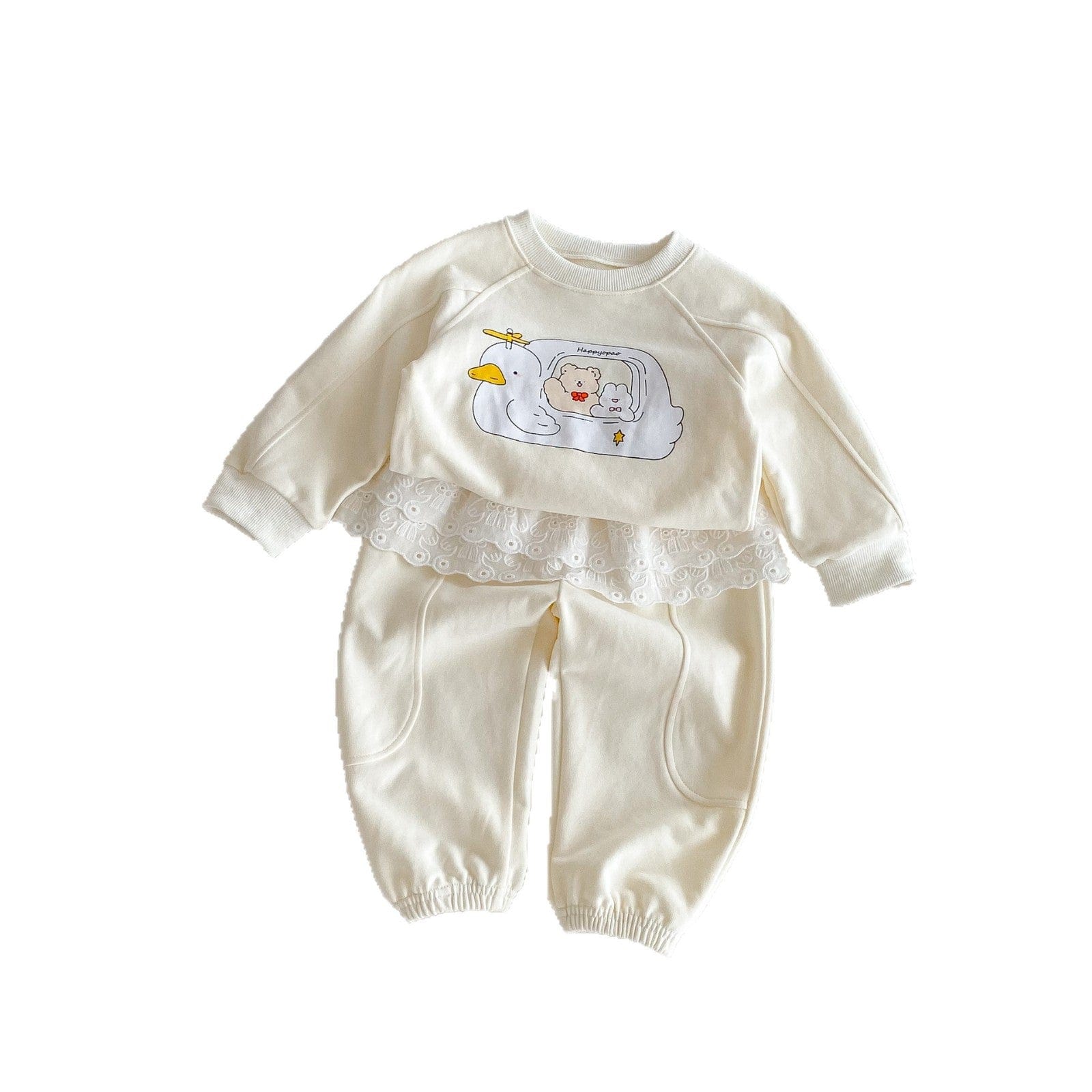 長袖セットアップ プリント長袖スウェットシャツ+レースフリルスウェットパンツセットアップ 2点セット【mh0010650】