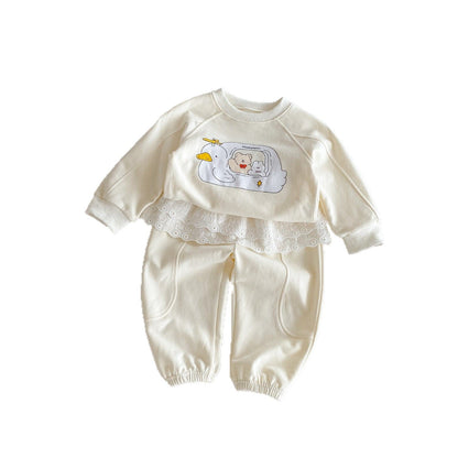 長袖セットアップ プリント長袖スウェットシャツ+レースフリルスウェットパンツセットアップ 2点セット【mh0010650】