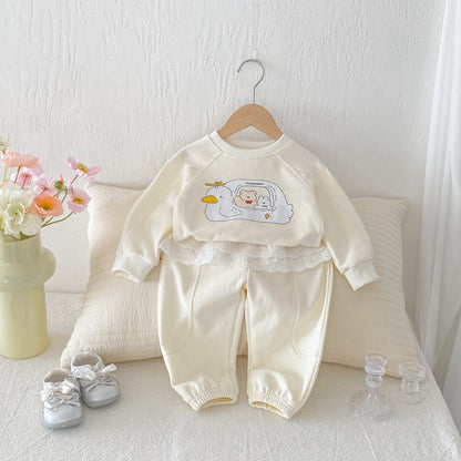 長袖セットアップ プリント長袖スウェットシャツ+レースフリルスウェットパンツセットアップ 2点セット【mh0010650】