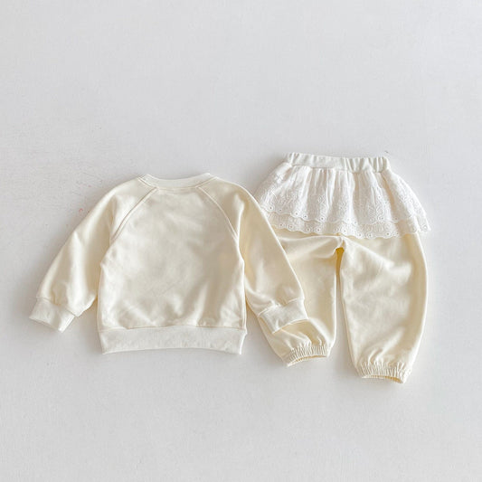 長袖セットアップ プリント長袖スウェットシャツ+レースフリルスウェットパンツセットアップ 2点セット【mh0010650】