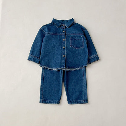 長袖セットアップ デニム長袖シャツ+ロングパンツセットアップ 2点セット【mh0010660】