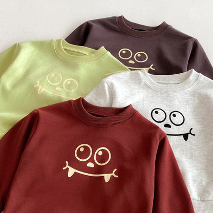 長袖セットアップ スマイルフェイスプリント長袖スウェットシャツ+ロングスウェットパンツセットアップ 2点セット【mh0010676】