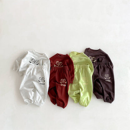 長袖セットアップ スマイルフェイスプリント長袖スウェットシャツ+ロングスウェットパンツセットアップ 2点セット【mh0010676】