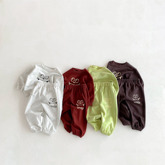 長袖セットアップ スマイルフェイスプリント長袖スウェットシャツ+ロングスウェットパンツセットアップ 2点セット【mh0010676】