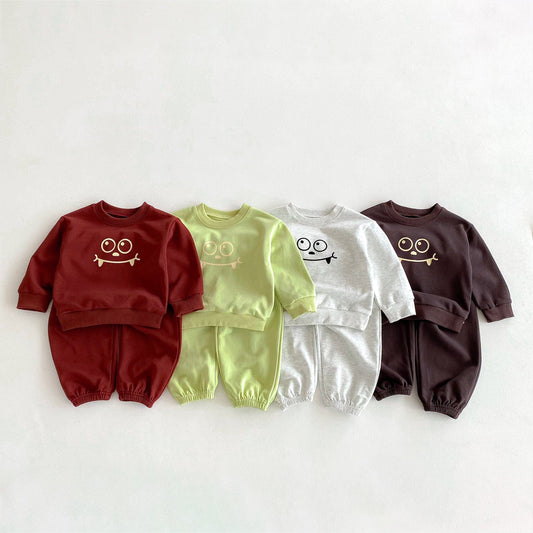 長袖セットアップ スマイルフェイスプリント長袖スウェットシャツ+ロングスウェットパンツセットアップ 2点セット【mh0010676】