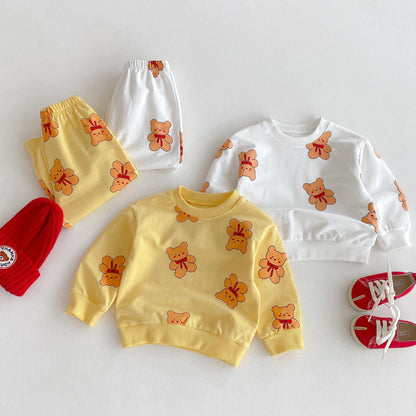 長袖セットアップ ベアくまプリント長袖スウェットシャツ+ロングパンツセットアップ 2点セット【mh0010682】