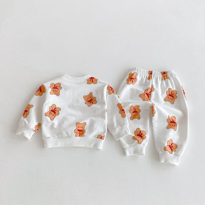 長袖セットアップ ベアくまプリント長袖スウェットシャツ+ロングパンツセットアップ 2点セット【mh0010682】