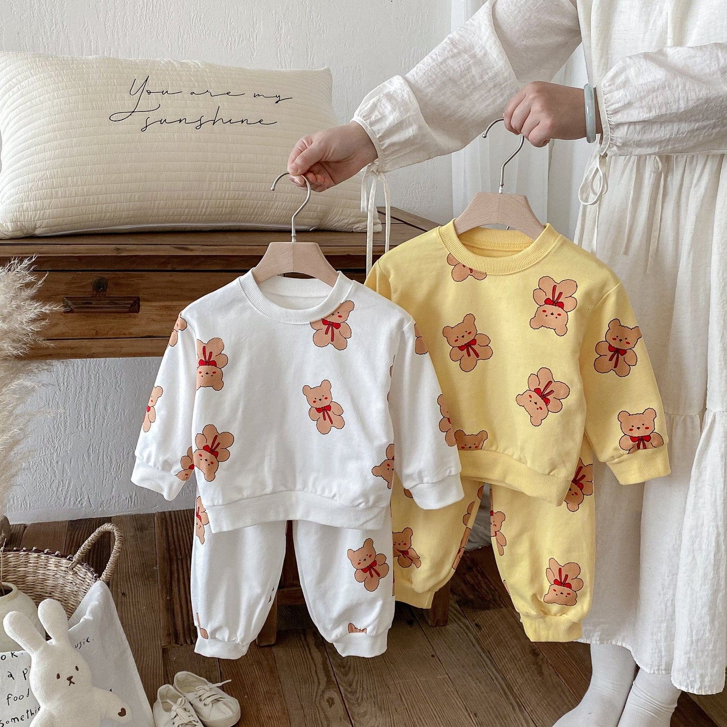 長袖セットアップ ベアくまプリント長袖スウェットシャツ+ロングパンツセットアップ 2点セット【mh0010682】