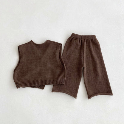 ノースリーブセットアップ アシメボタンニットベスト+ニットルーズパンツセットアップ 2点セット【mh0010685】