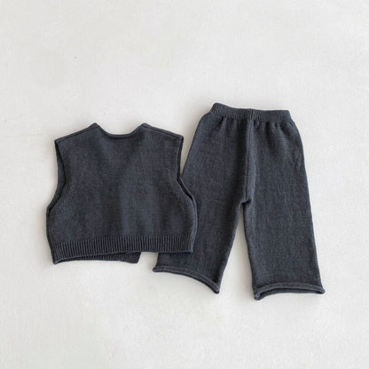 ノースリーブセットアップ アシメボタンニットベスト+ニットルーズパンツセットアップ 2点セット【mh0010685】