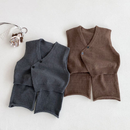 ノースリーブセットアップ アシメボタンニットベスト+ニットルーズパンツセットアップ 2点セット【mh0010685】