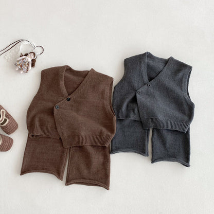 ノースリーブセットアップ アシメボタンニットベスト+ニットルーズパンツセットアップ 2点セット【mh0010685】