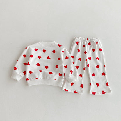 長袖セットアップ ハートプリント長袖スウェットシャツ+フレアロングパンツセットアップ 2点セット【mh0010692】