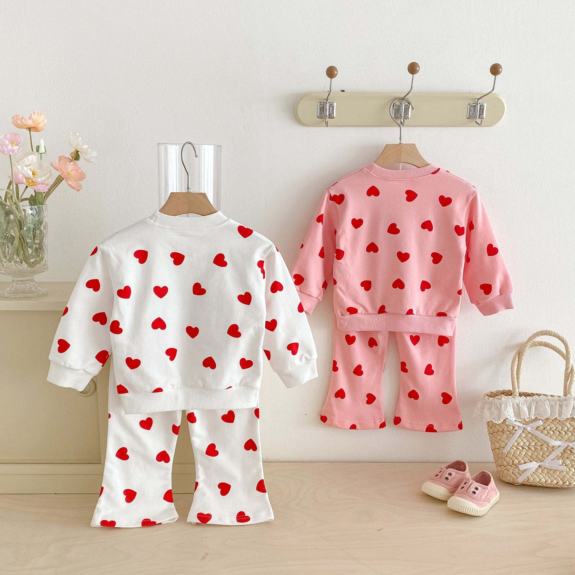 長袖セットアップ ハートプリント長袖スウェットシャツ+フレアロングパンツセットアップ 2点セット【mh0010692】