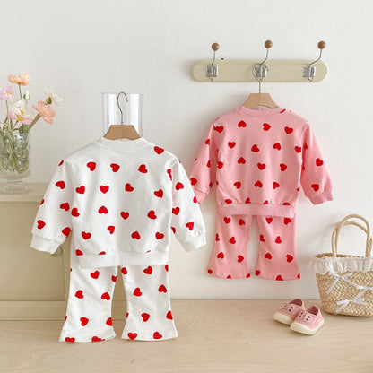 長袖セットアップ ハートプリント長袖スウェットシャツ+フレアロングパンツセットアップ 2点セット【mh0010692】