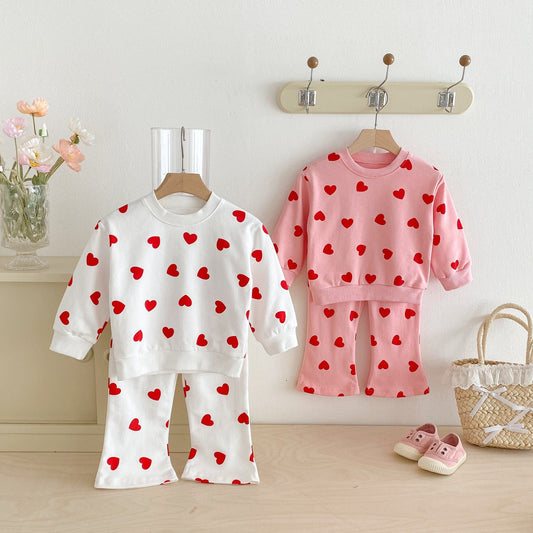 長袖セットアップ ハートプリント長袖スウェットシャツ+フレアロングパンツセットアップ 2点セット【mh0010692】