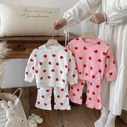 長袖セットアップ ハートプリント長袖スウェットシャツ+フレアロングパンツセットアップ 2点セット【mh0010692】
