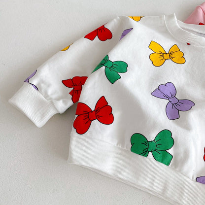 長袖セットアップ カラフルリボンプリント長袖スウェットシャツ+ロングスウェットパンツセットアップ 2点セット【mh0010693】