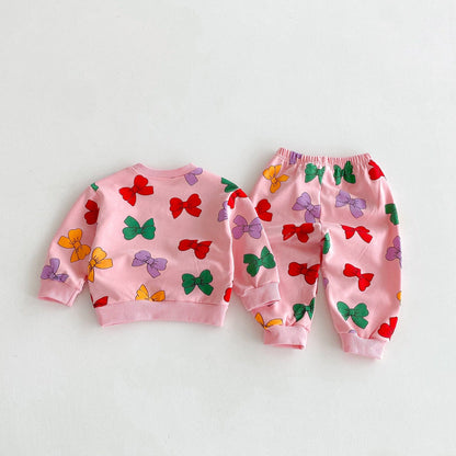 長袖セットアップ カラフルリボンプリント長袖スウェットシャツ+ロングスウェットパンツセットアップ 2点セット【mh0010693】