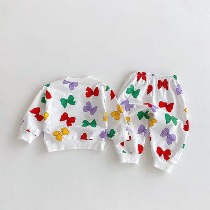 長袖セットアップ カラフルリボンプリント長袖スウェットシャツ+ロングスウェットパンツセットアップ 2点セット【mh0010693】