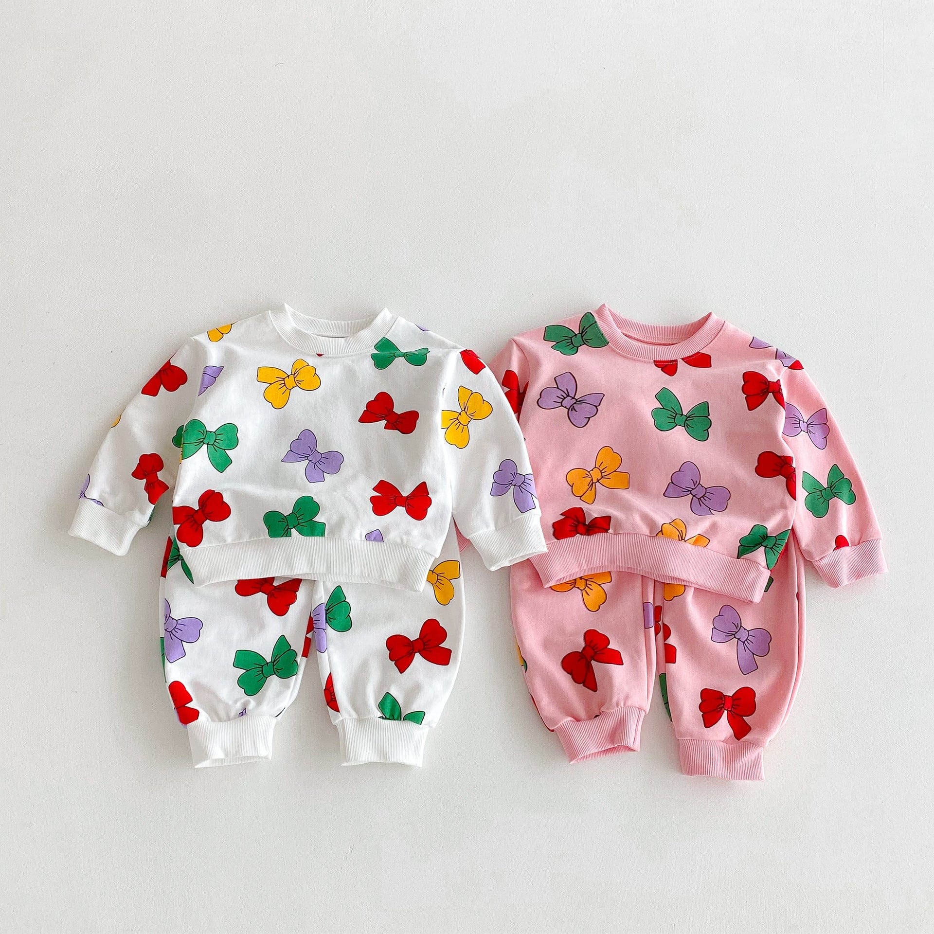 長袖セットアップ カラフルリボンプリント長袖スウェットシャツ+ロングスウェットパンツセットアップ 2点セット【mh0010693】