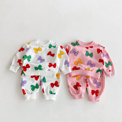 長袖セットアップ カラフルリボンプリント長袖スウェットシャツ+ロングスウェットパンツセットアップ 2点セット【mh0010693】