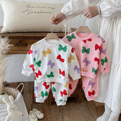 長袖セットアップ カラフルリボンプリント長袖スウェットシャツ+ロングスウェットパンツセットアップ 2点セット【mh0010693】