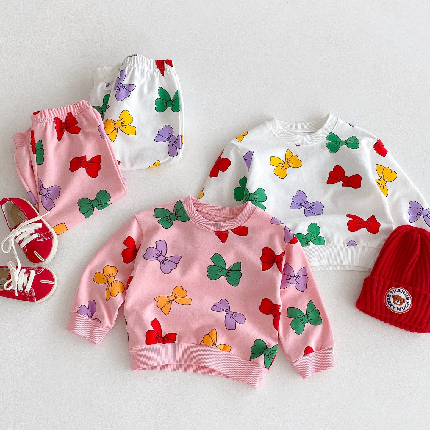 長袖セットアップ カラフルリボンプリント長袖スウェットシャツ+ロングスウェットパンツセットアップ 2点セット【mh0010693】