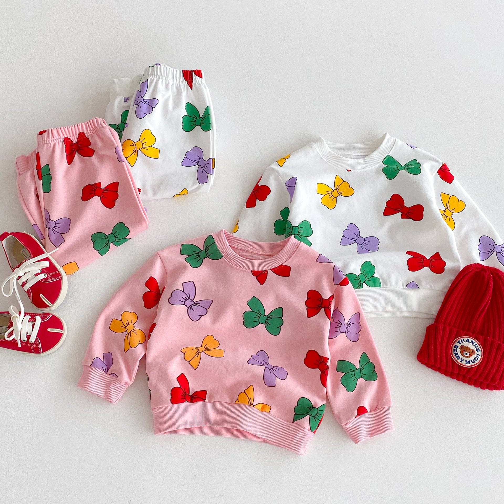 長袖セットアップ カラフルリボンプリント長袖スウェットシャツ+ロングスウェットパンツセットアップ 2点セット【mh0010693】