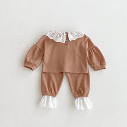 長袖セットアップ 長袖トップス+パンツ ワッフル生地 レース襟 メロウフリル セットアップ 2点セット【mh0011380】