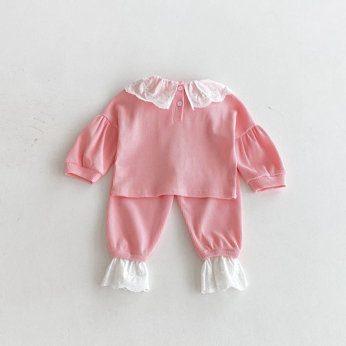 長袖セットアップ 長袖トップス+パンツ ワッフル生地 レース襟 メロウフリル セットアップ 2点セット【mh0011380】