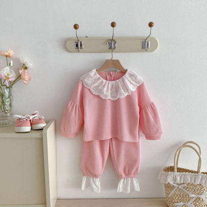 長袖セットアップ 長袖トップス+パンツ ワッフル生地 レース襟 メロウフリル セットアップ 2点セット【mh0011380】