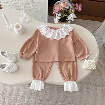 長袖セットアップ 長袖トップス+パンツ ワッフル生地 レース襟 メロウフリル セットアップ 2点セット【mh0011380】