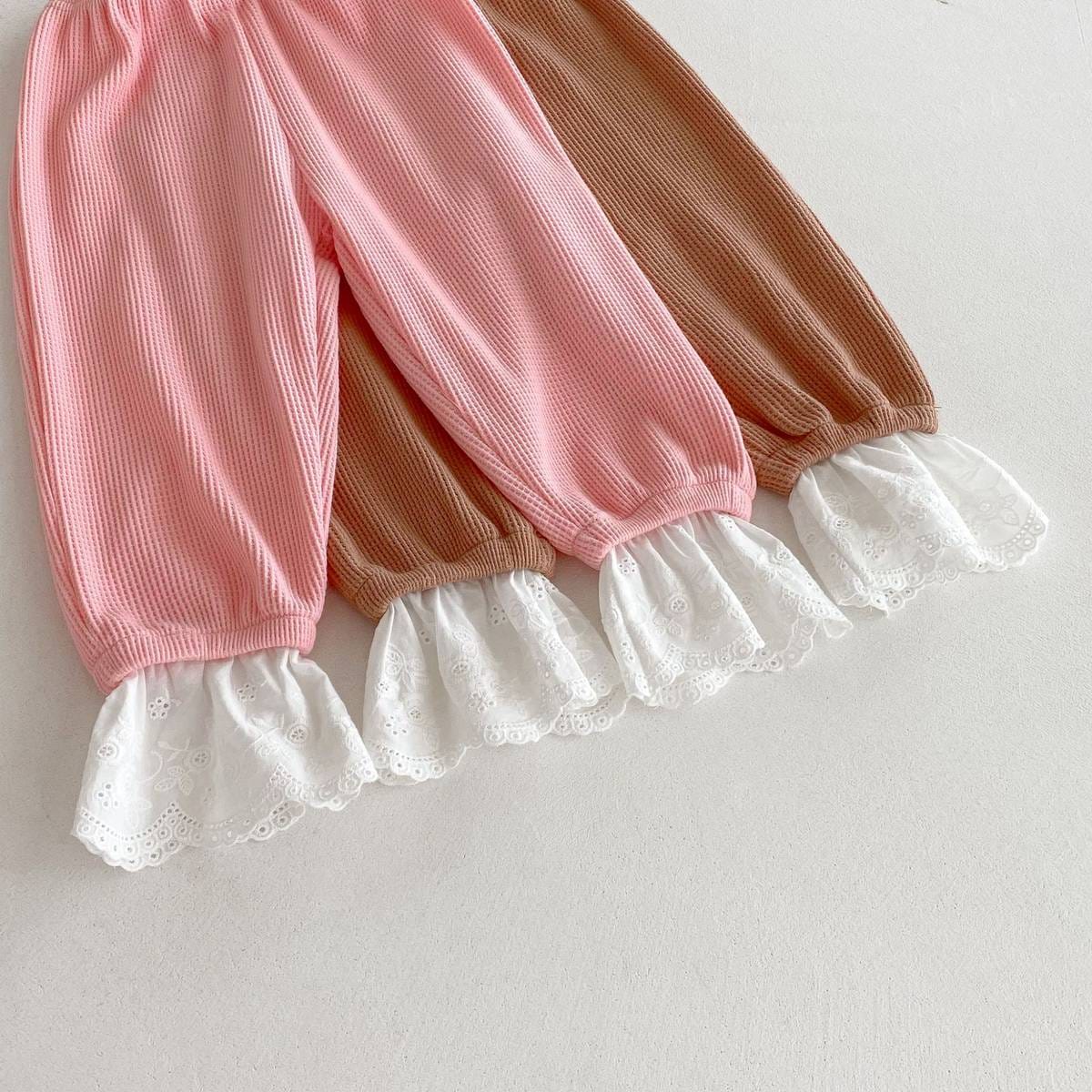 長袖セットアップ 長袖トップス+パンツ ワッフル生地 レース襟 メロウフリル セットアップ 2点セット【mh0011380】