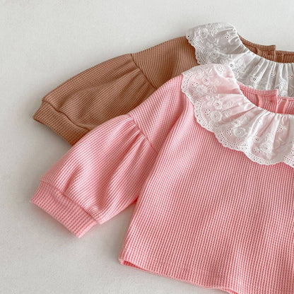 長袖セットアップ 長袖トップス+パンツ ワッフル生地 レース襟 メロウフリル セットアップ 2点セット【mh0011380】