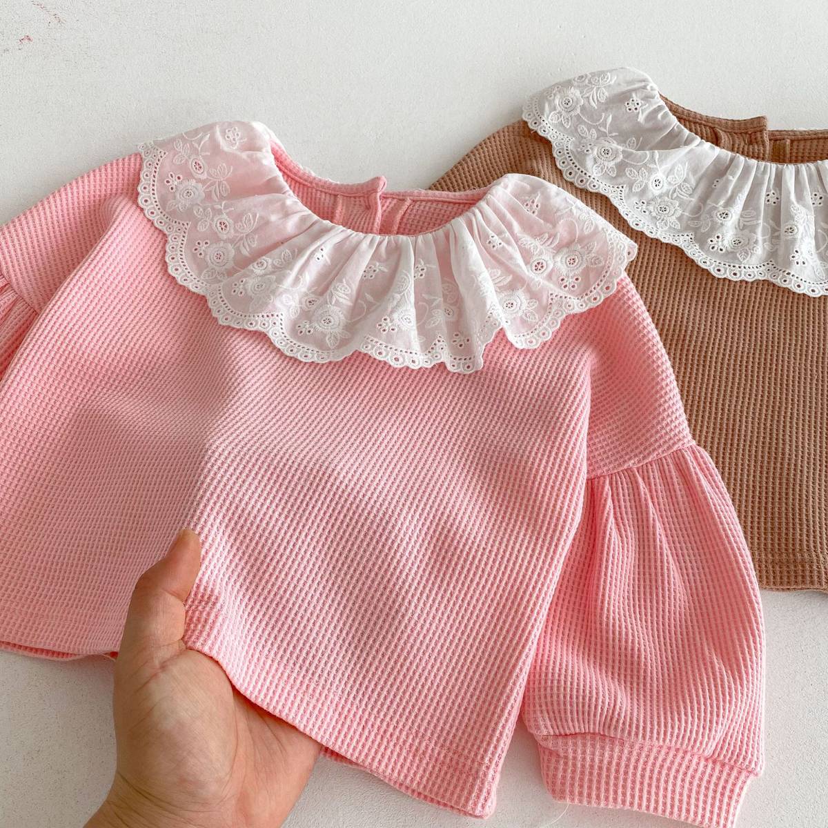 長袖セットアップ 長袖トップス+パンツ ワッフル生地 レース襟 メロウフリル セットアップ 2点セット【mh0011380】