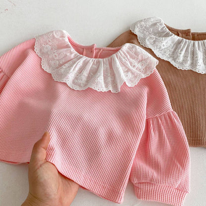 長袖セットアップ 長袖トップス+パンツ ワッフル生地 レース襟 メロウフリル セットアップ 2点セット【mh0011380】