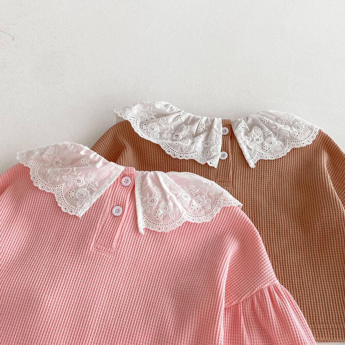 長袖セットアップ 長袖トップス+パンツ ワッフル生地 レース襟 メロウフリル セットアップ 2点セット【mh0011380】