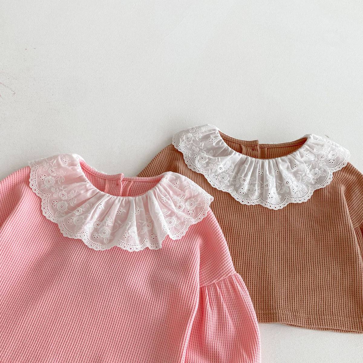 長袖セットアップ 長袖トップス+パンツ ワッフル生地 レース襟 メロウフリル セットアップ 2点セット【mh0011380】